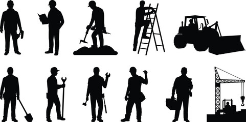 Construction worker silhouettes, toolbox and clipboard illustration, jackhammer and shovel art, ladder and bulldozer design, workforce diversity representation © MdAminur