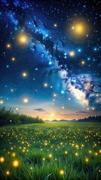 field of fireflies under starry night sky