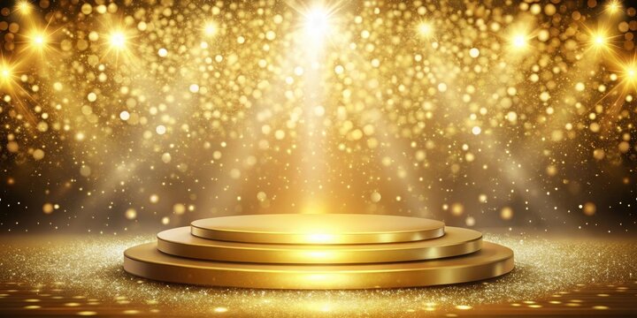 Glittering gold abstract background with a stage and podium in the center