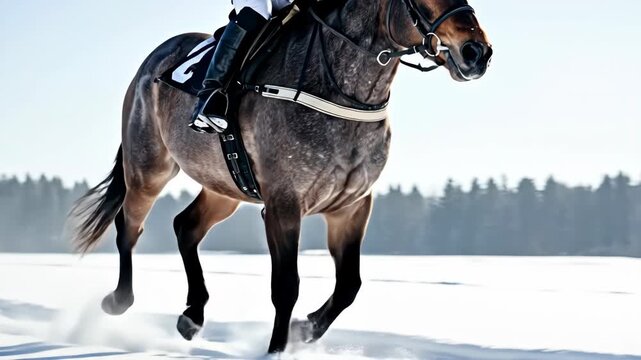 Running horse gliding through snowy landscape