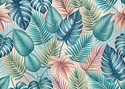 Pastel hues of tropical leaves blend together in a seamless pattern of whimsy and wonder