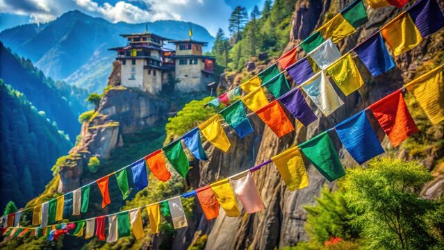 Colorful prayer flags fluttering in wind at Taktsang Monastery's sacred valley