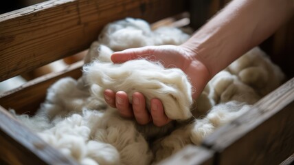 Close up view of a human hand gently holding a large, soft clump of freshly shorn, natural sheep's wool, showcasing the raw material's texture and preparing it for textile production or craft work.