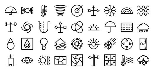 Meteorological and atmospheric science icons for weather forecasting. Professional monoline pictograms featuring climate monitoring, satellite data, and environmental measurement concepts.