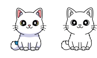 Obraz premium Cute kawaii white cat cartoon vector illustration with black and white line art coloring page version