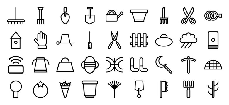 Professional gardening and landscaping monoline icons featuring agricultural tools, horticulture equipment, and organic farming symbols in a clean geometric line art style.