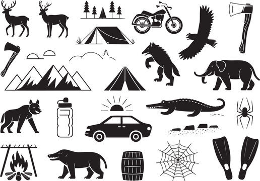 A comprehensive collection of black silhouette icons featuring diverse wild animals, outdoor gear, and exploration objects