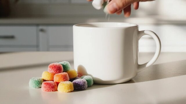 Colorful candy and white coffee mug.