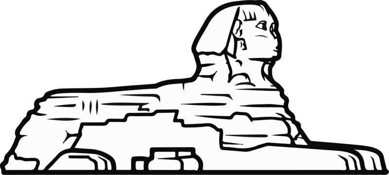 Stylized black and white outline drawing of a Sphinx monument