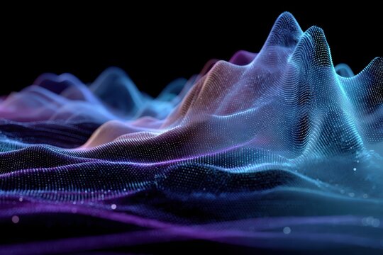 Vibrant glowing particles form abstract undulating waves on dark. Ideal for tech, science, music, or abstract concept backgrounds.