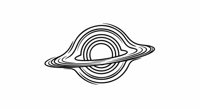 Stylized black and white drawing of a black hole with swirling accretion disk