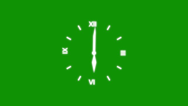 Clock white glow light moving fast motion on green screen background, white roman numerals clock time lapse with long shadow on an alpha channel background.