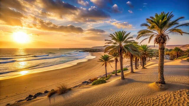 Golden sand and palm trees at El Cotillo beach at sunset
