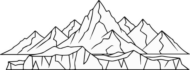 Stylized black and white drawing of jagged mountain peaks over icy terrain © Aji