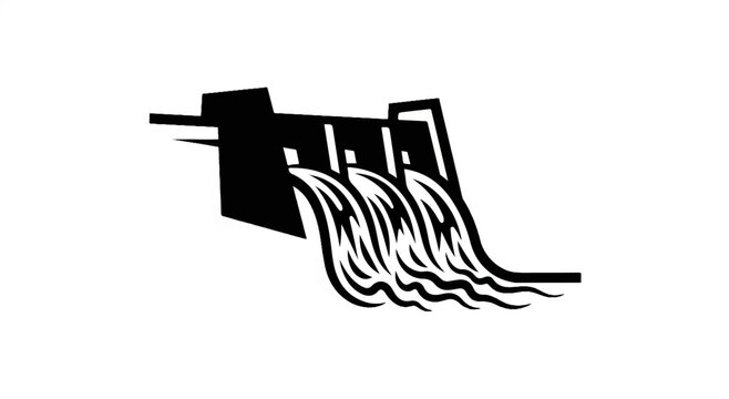 Stylized black and white illustration of a dam with water flowing