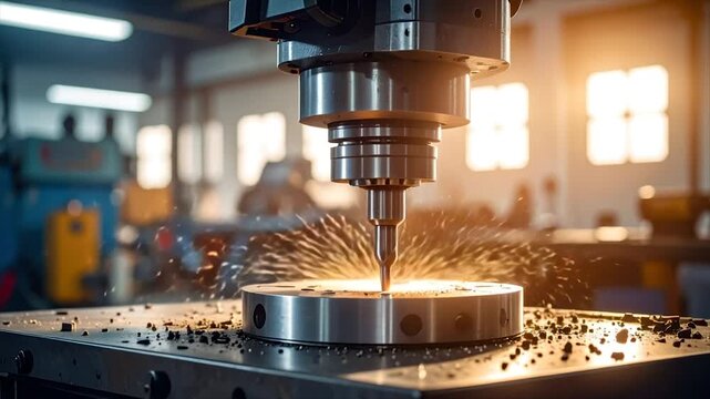 A drill machine bores into metal, creating sparks. A shop's interior features sunlight