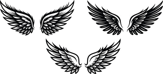 Fototapeta premium Angel Wings Black Silhouette Vector Set. Flying Bird Wings Tattoo Style Illustration Collection.