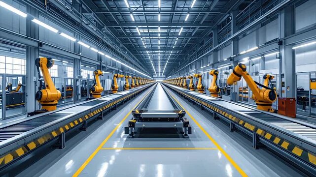 A long industrial manufacturing floor with multiple robotic arms working on a conveyor system