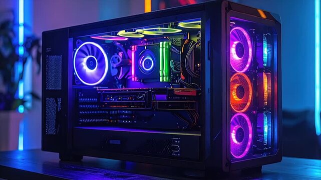 Lit-up PC case with multiple fans, circuit boards, and internal components