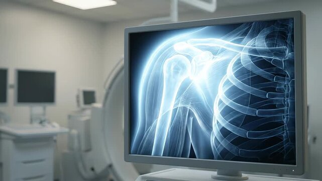 A digital monitor in a modern medical room displays a glowing blue x-ray of human shoulder muscles and upper back anatomy.
