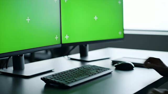 Dual Monitor Workspace Green Chroma Key Screens Slow Dolly Pan