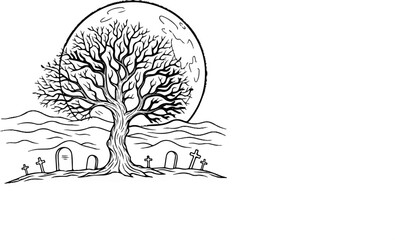 Obraz premium Spooky bare tree casts shadow over graveyard under full moon