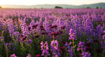 Fototapeta premium Lavender Field in Bloom at Sunset - A Serene Landscape.