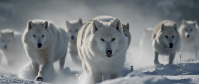 White wolves walking through snowy wilderness