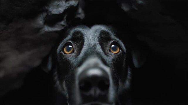 Dog looking out from dark place.