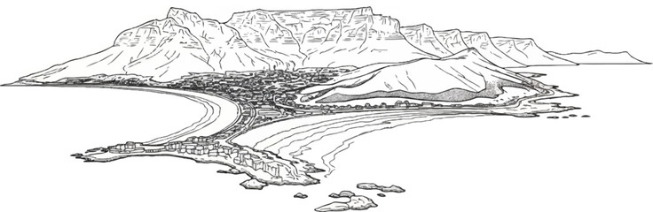 Fototapeta premium Sketch of a coastal city nestled against a majestic mountain range and bay