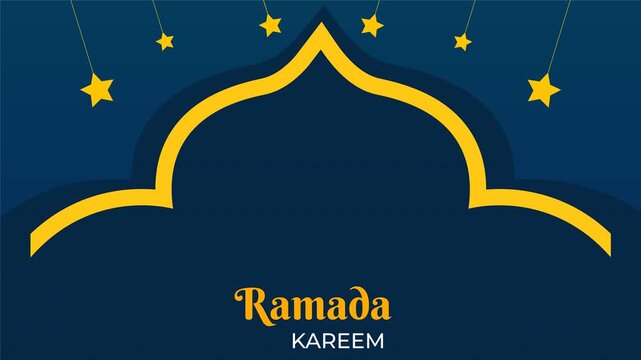 Animated Ramadan Kareem greeting featuring golden Islamic arches and hanging stars on a dark blue background, 4k quality.