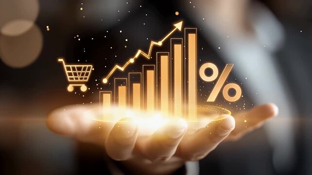 Businessman presenting sales growth and shopping data visualization