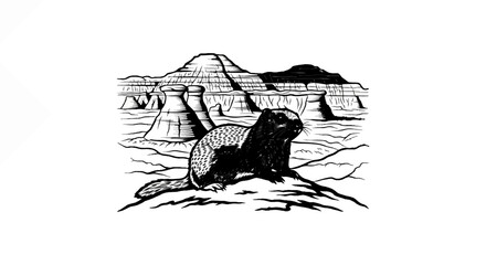 Obraz premium Sketch of a groundhog in a rocky, arid landscape with layered hills