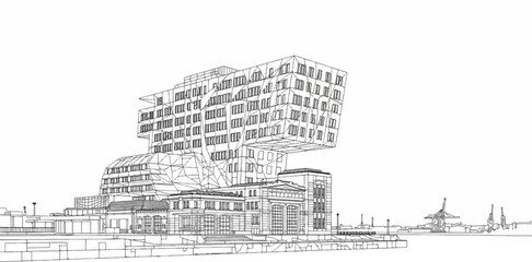 Fototapeta premium Sketch of a geometric building complex by the water with industrial cranes in background