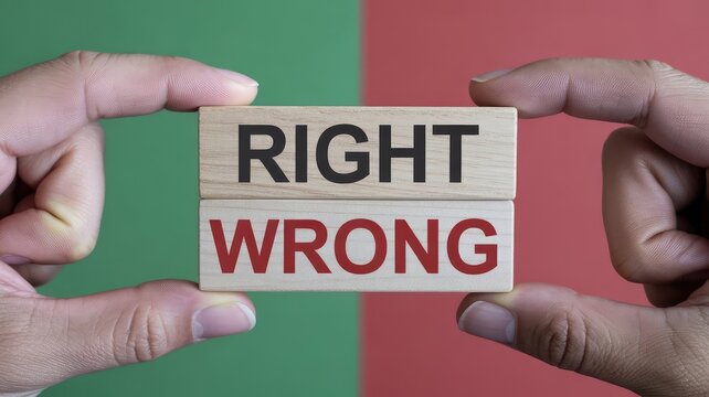 Fingers carefully hold wooden blocks displaying the words right and wrong stacked vertically against a contrasting red and green background symbolizing choice