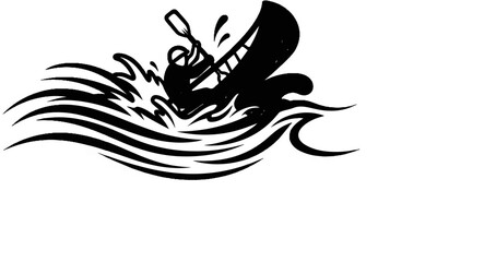 Fototapeta premium Silhouette of person kayaking through turbulent water with splashing waves