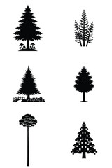 Fototapeta premium Diverse black tree silhouettes vector collection with various styles including pixelated, evergreen, and stylized designs for nature themed projects.