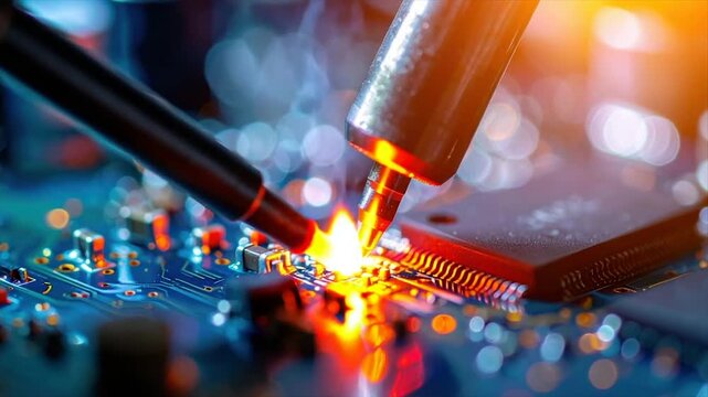 Close-up of circuit board being worked on with soldering tools, bright glow
