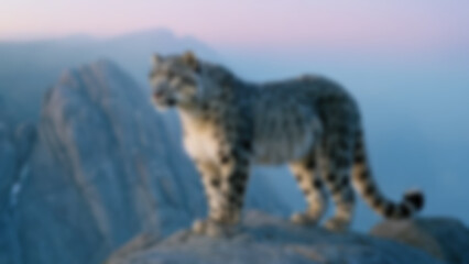 Fototapeta premium Blurred background of snow leopard standing on high rocky ridge, ultra-detailed thick fur adapted to cold climate, mountain safari enclosure with foggy valley below, early morning, cool blue ambient.