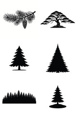 Obraz premium Collection of diverse tree and pine branch silhouettes including evergreen trees, a gnarled tree, and a pine branch with a cone, perfect for nature and holiday designs.