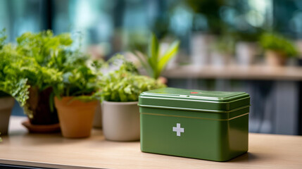 Green first aid kit in modern office setting with desk and indoor plants, workplace safety preparedness, corporate medical supplies, professional emergency equipment, defocused office
