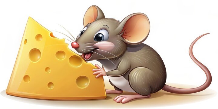 A cartoon mouse nibbling on a slice of cheese