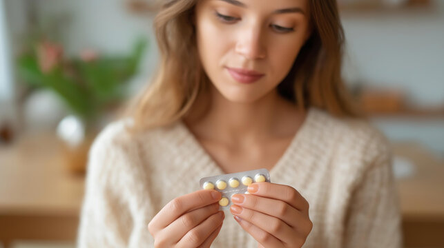 Young woman and birth control pills contraceptive from first aid kit, family planning supplies, reproductive health management, medication access moment, defocused background, faceless