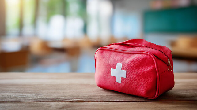 Medical kit on floor at first aid training courses, educational healthcare setting, emergency response instruction, safety training equipment, defocused classroom background, with copy space