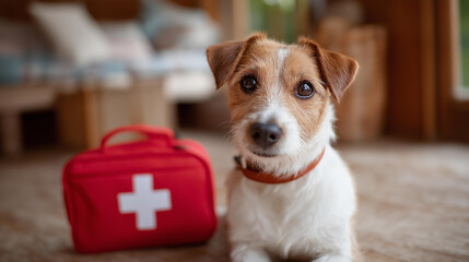 Attentive Jack Russell Terrier sitting by first aid kit, cozy home setting, pet safety awareness, domestic animal emergency preparedness, canine healthcare display, defocused interior