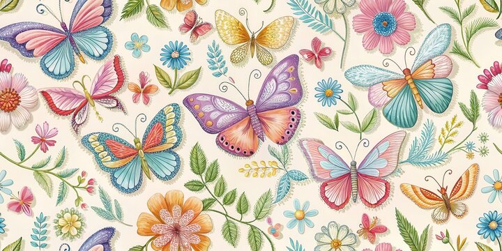 Colorful floral embroidery seamless patterns with delicate butterflies and soft pastel hues