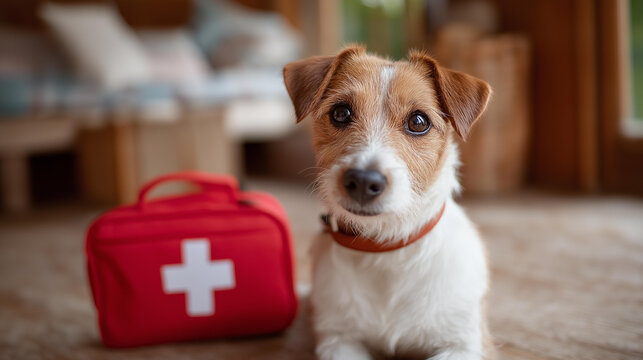 Attentive Jack Russell Terrier sitting by first aid kit, cozy home setting, pet safety awareness, domestic animal emergency preparedness, canine healthcare display, defocused interior