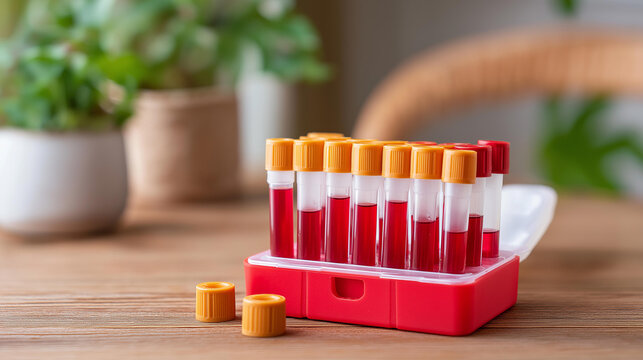 Home COVID-19 test kit, pandemic diagnostic tools, domestic virus testing, self-administered medical procedure, household health screening supplies, defocused interior background, with copy space