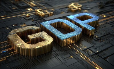 The golden 3D letters "GDP" prominently placed on a complex circuit - board background, symbolizing the intersection of economics and technology.