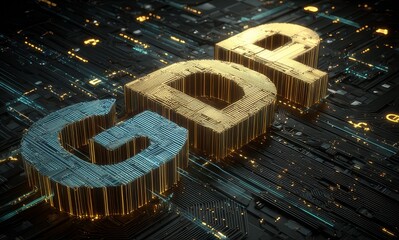 The golden 3D letters "GDP" prominently placed on a complex circuit - board background, symbolizing the intersection of economics and technology.